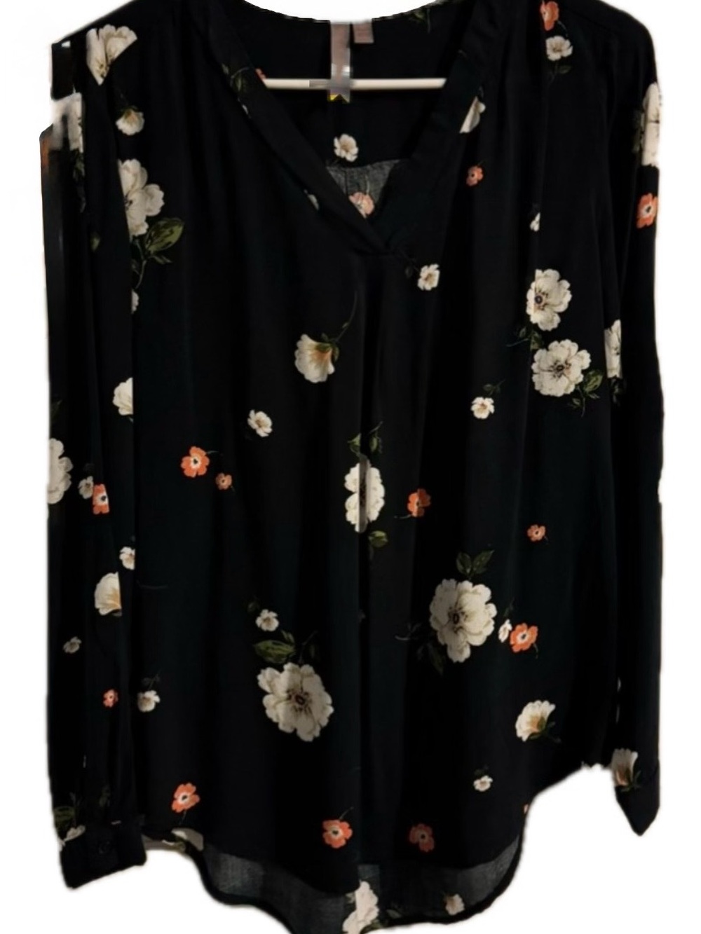 Women’s Floral Blouse sz M Black White Pink/Orange V-neck Long Sleeve Brina & Em